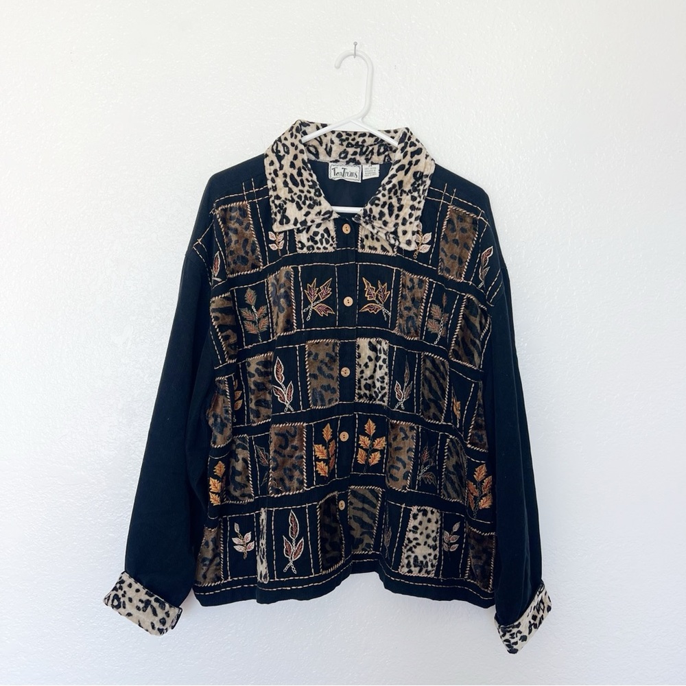 Vintage 90s Kitsch Knit Sweater Leopard Print Fall Leaves Black Brown Jacket 2X